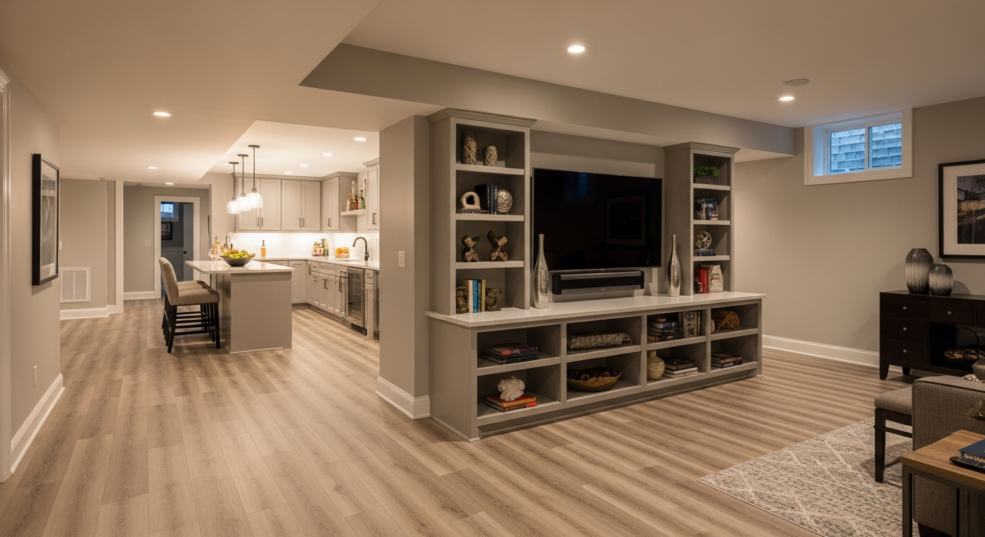 Finished basement family room with modern finishes — Drywall Techs basement finishing in Ogden